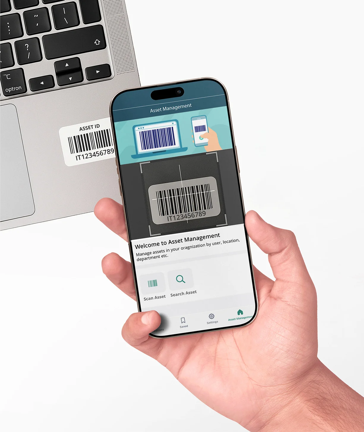 Employee scanning asset barcode with MyAssets mobile app