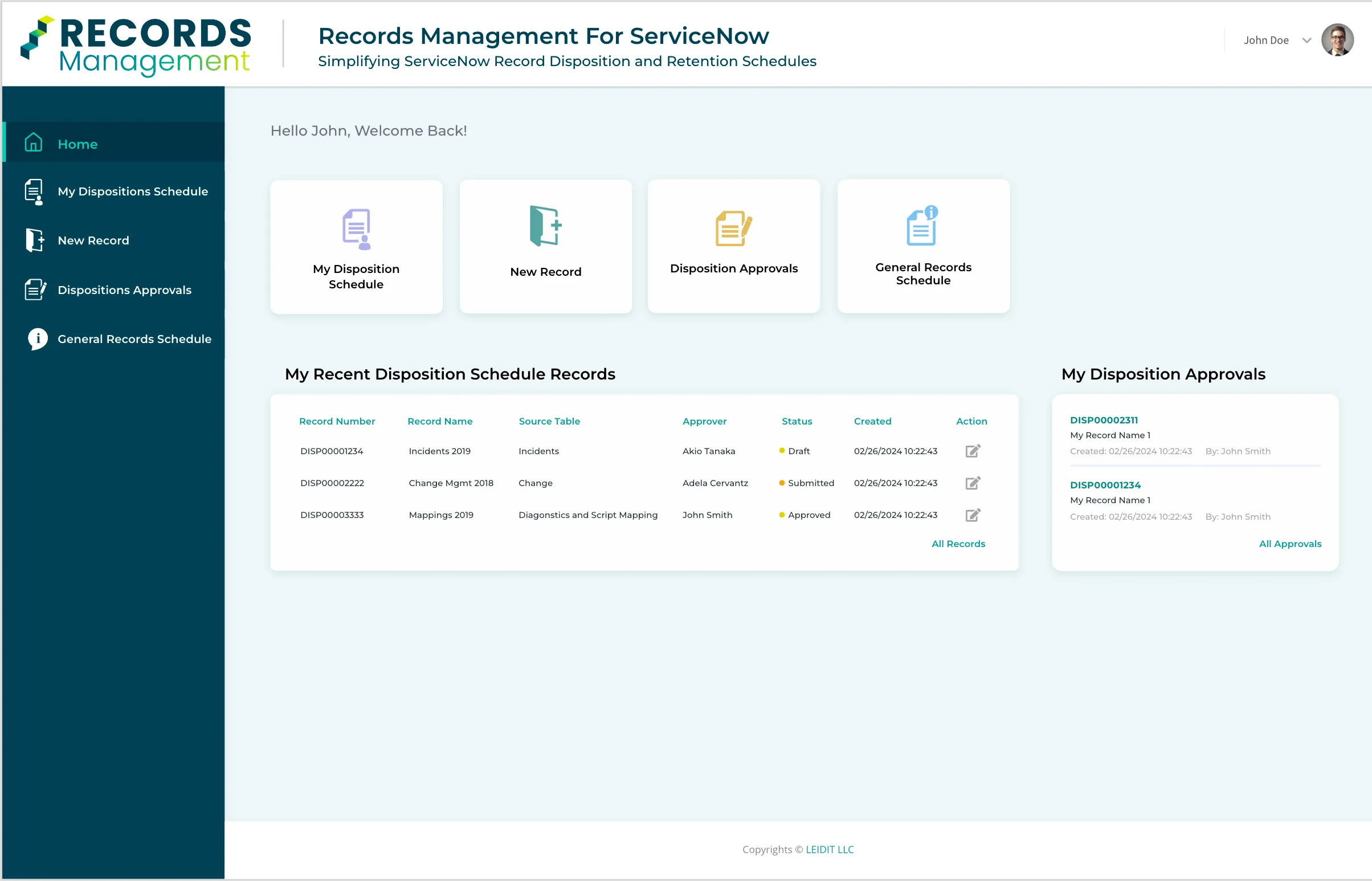 Records Management for ServiceNow — Dashboard overview