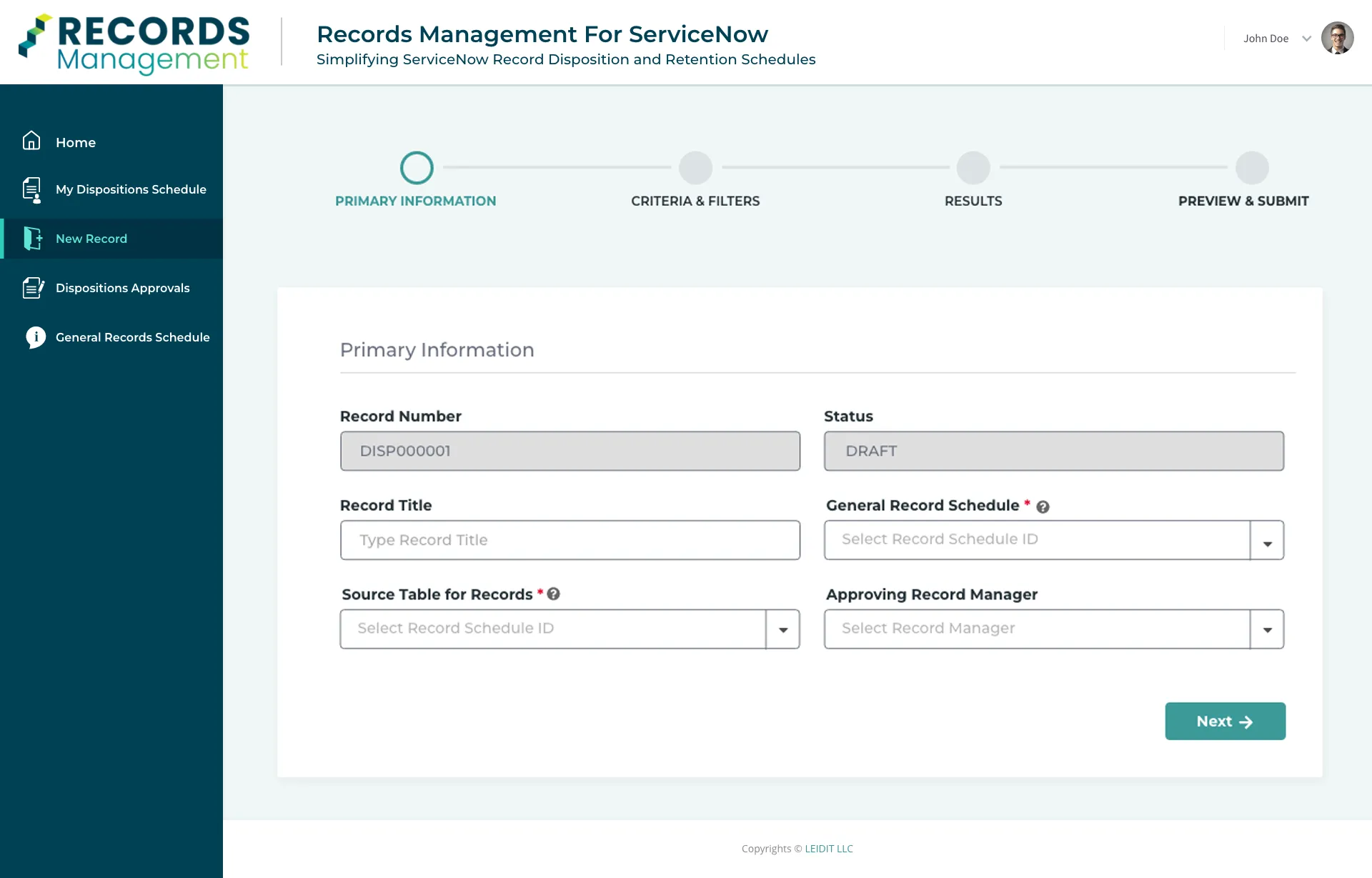 Records Management — New Record Step 1: Primary Information