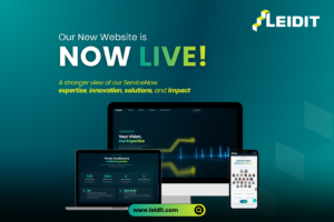 LEIDIT website launch announcement showing new homepage design across desktop, tablet, and mobile devices