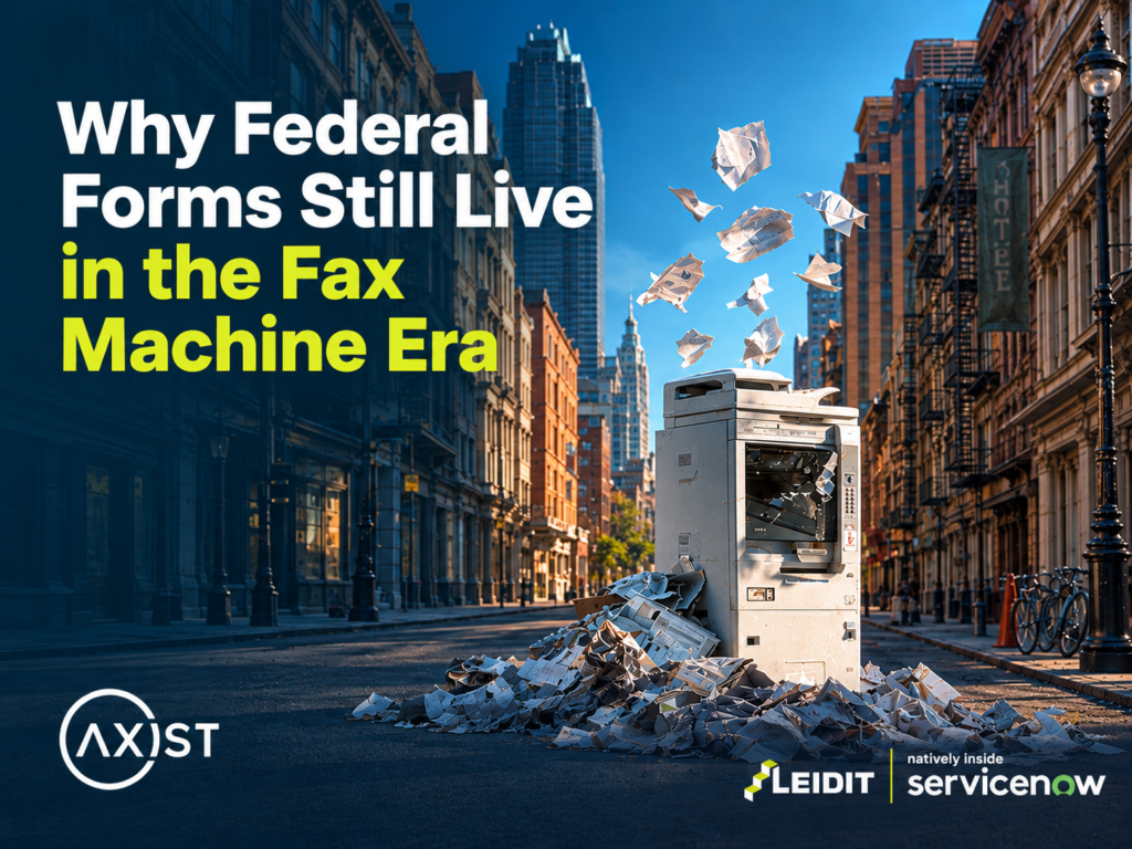 An old office copier sits in a city street, surrounded by crumpled paper, with pages flying into the air beneath the headline "Why Federal Forms Still Live in the Fax Machine Era."